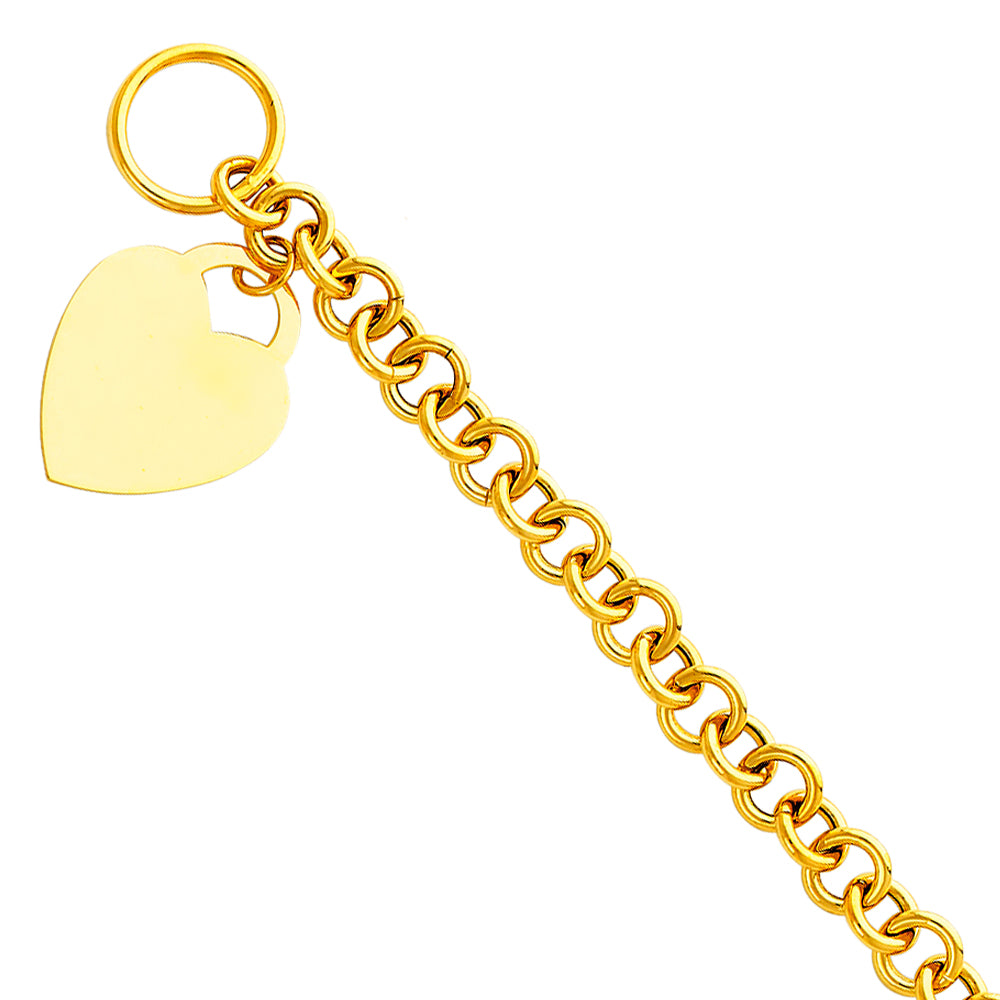 14K Yellow Gold Hollow Bracelet with Heart Pendant Dainty Chain for Women - 7.5"