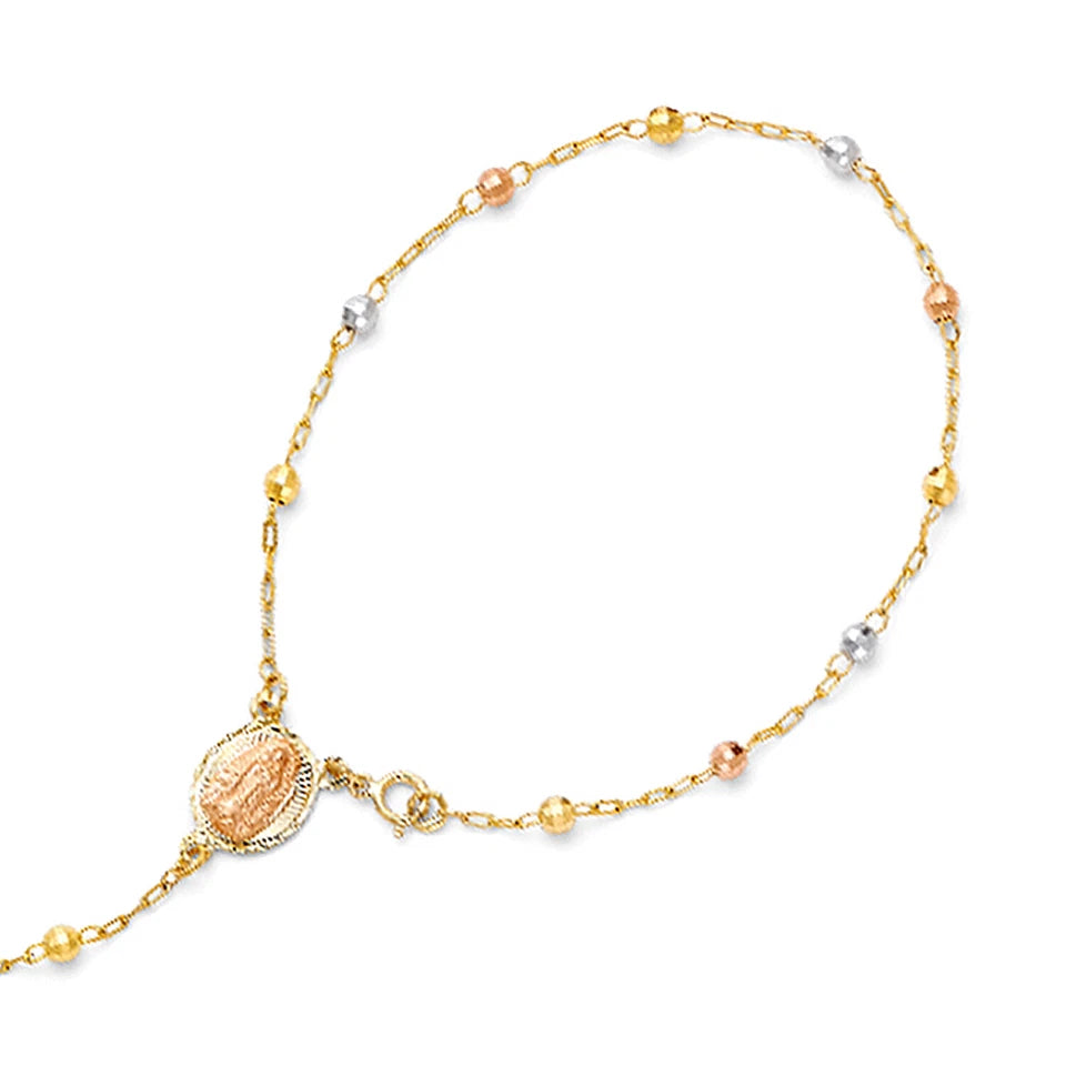 14K Tri-Color Gold Moon Cut Ball Rosary Bracelet - 3mm Beaded Catholic Bracelet