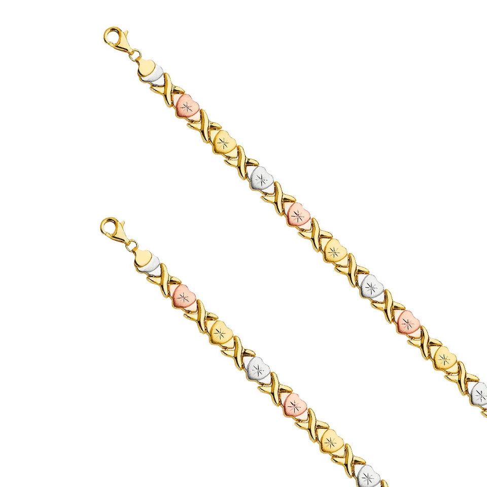 Two gold bracelets with a three-tone design on a white background available on the TX.ORO website.