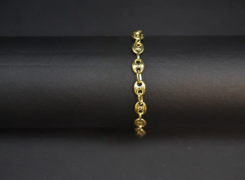 14K Yellow Gold Puffed Mariner Link Bracelet Solid Gold Classic Chain