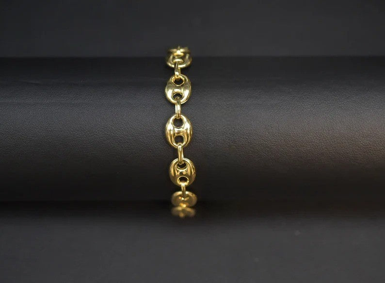 14K Yellow Gold Puffed Mariner Bracelet Bold Thick Link Statement Chain