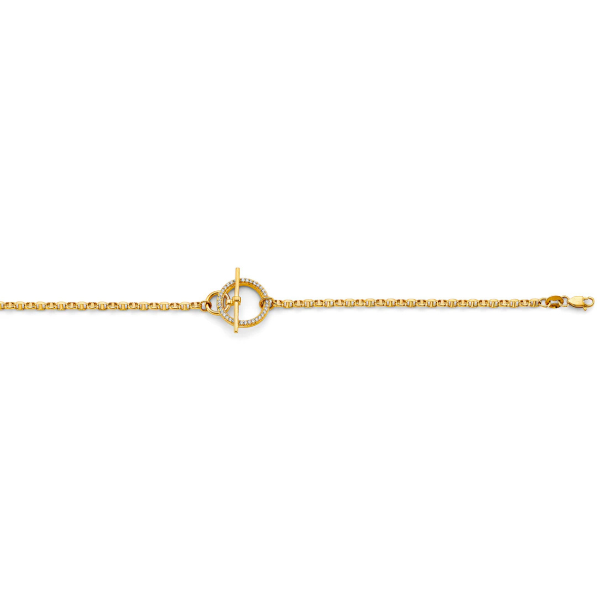 Gold bracelet with a heart clasp on a light background.
