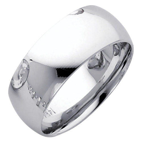 Silver ring with engraved text on a white background