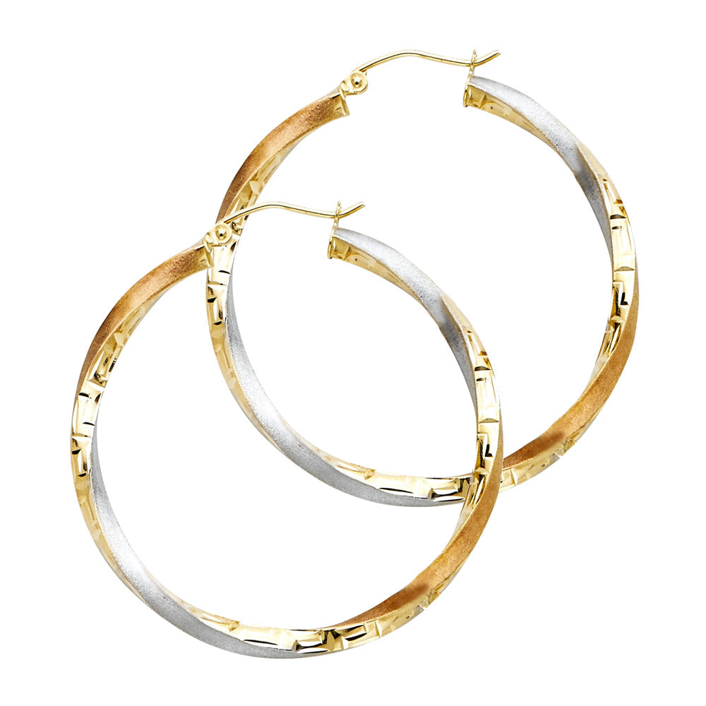 14K Tri-Color Gold DC Textured Swirl Fancy Hollow Hoop Earrings