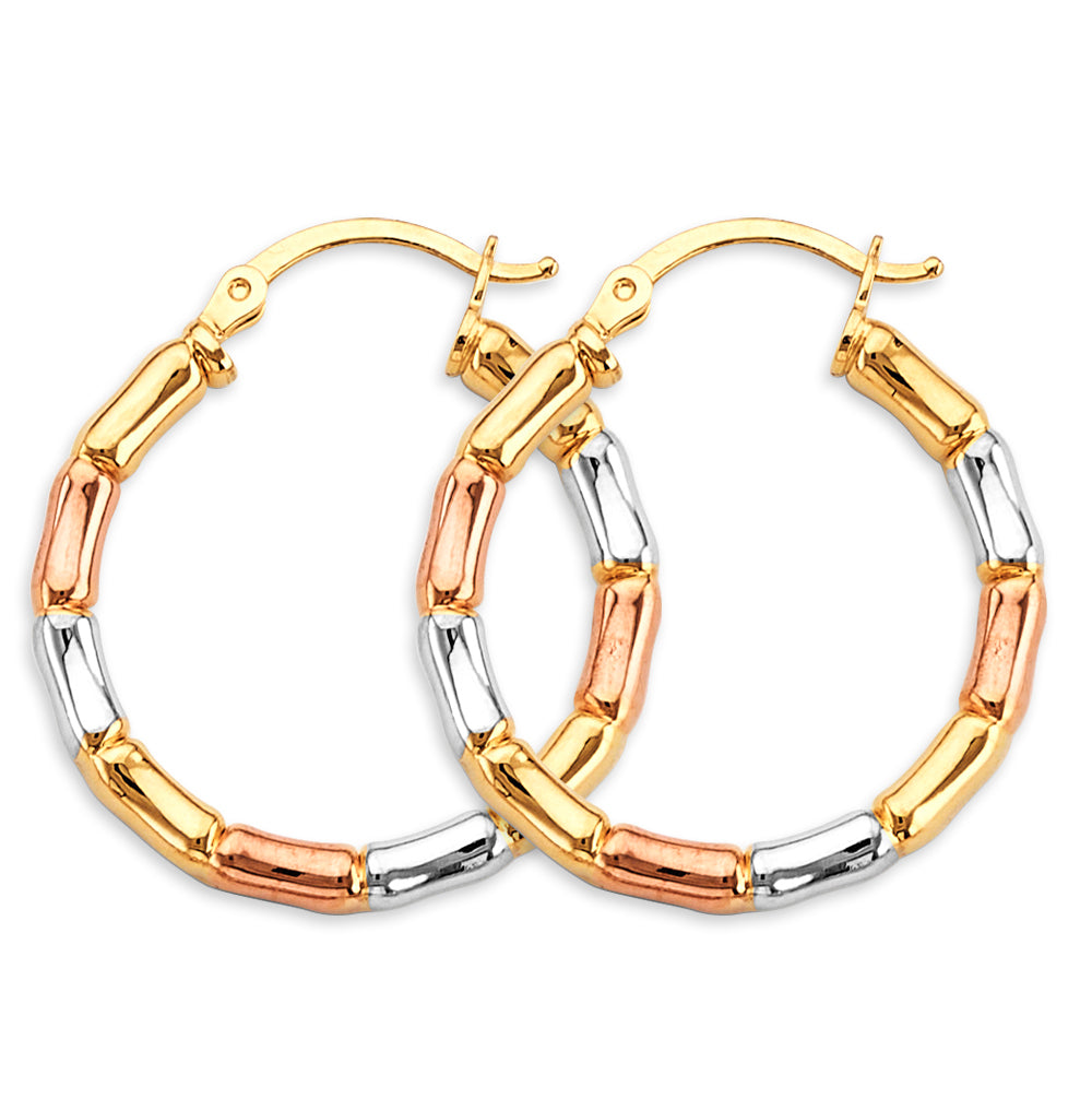 14K Tri-Color Gold Lightweight Designer Bamboo Style Hoop Earrings - 25mm