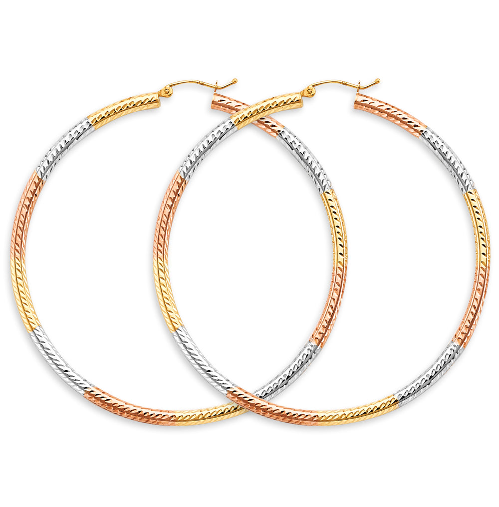 14K Tri-Color Gold Lightweight 3mm Classic Diamond-Cut Tube Hoop Earrings - 20mm-65mm