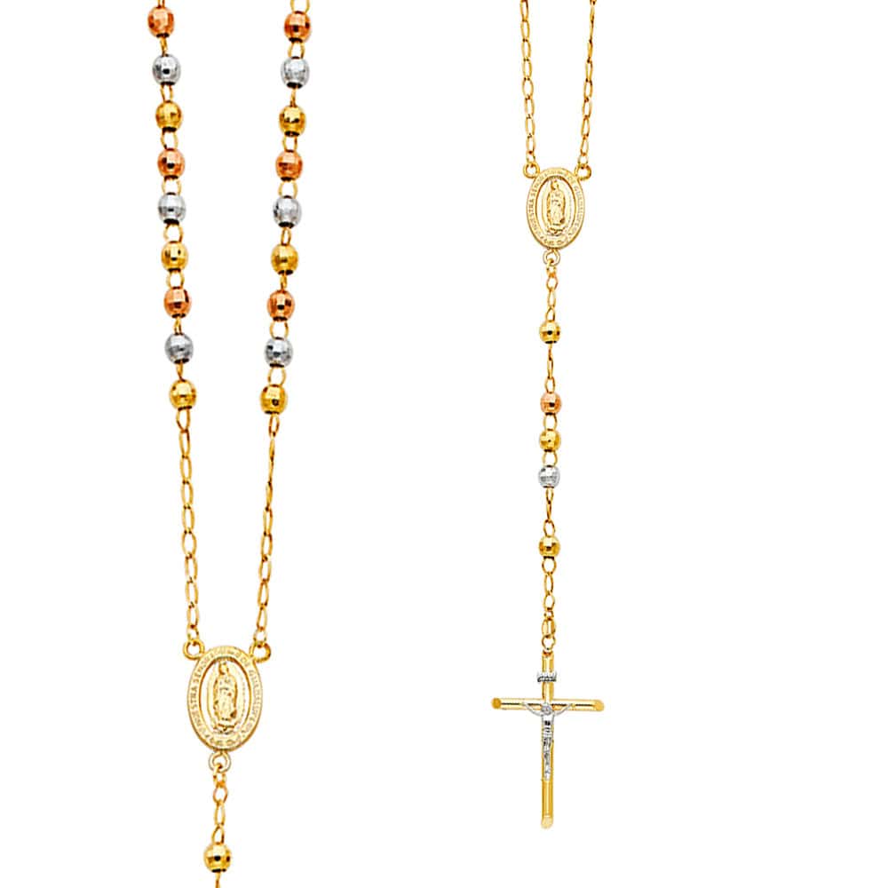 14K Tri-Color Gold 5mm Unisex Disco Ball Beaded Religious Rosary Chain Necklace - 26"