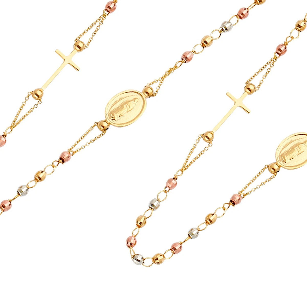 14K Tri-Color Gold Guadalupe Rosary Necklace with Crucifix - Catholic Beaded Rosary Chain
