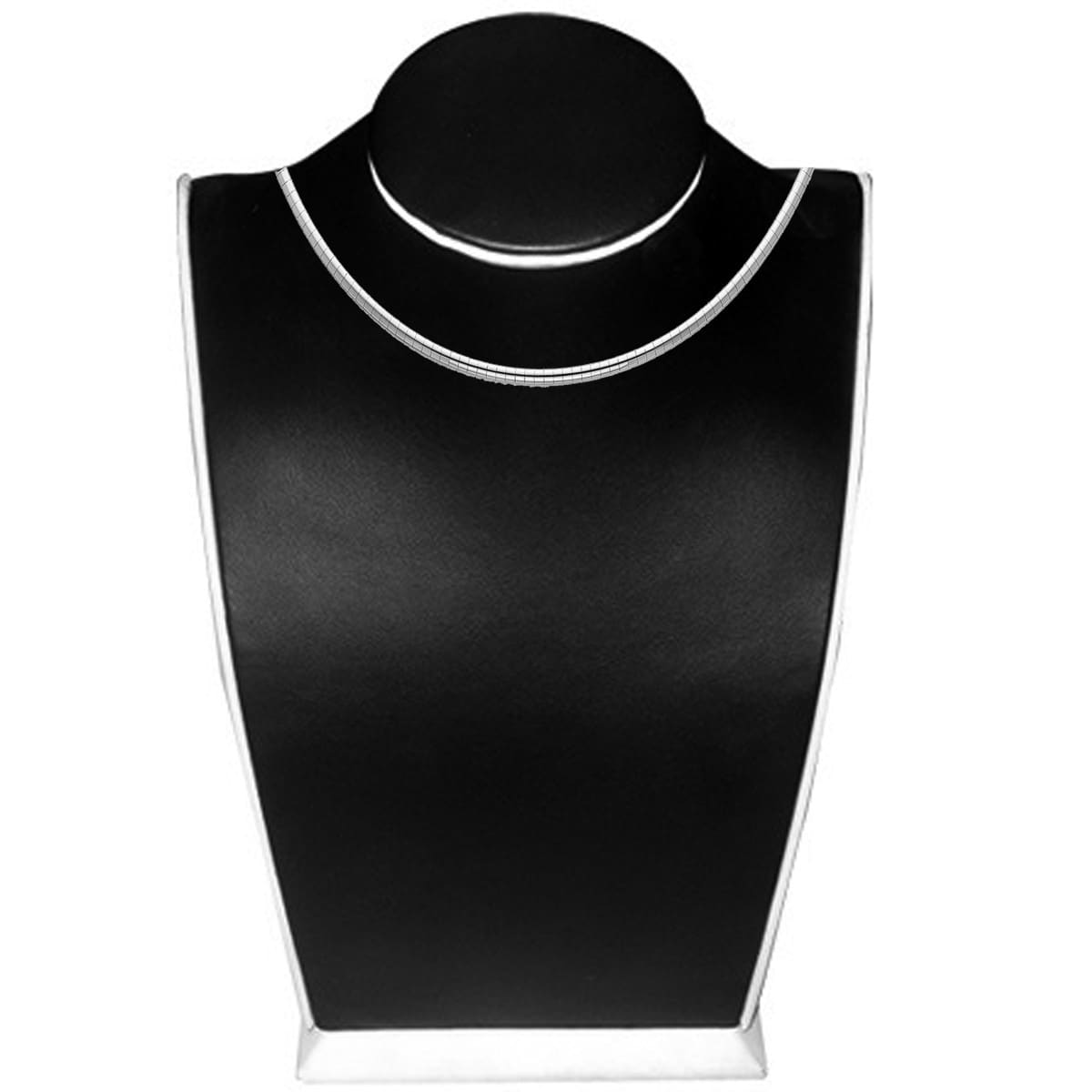Black jewelry display stand with a silver necklace on a white background availabe on TX.ORO website