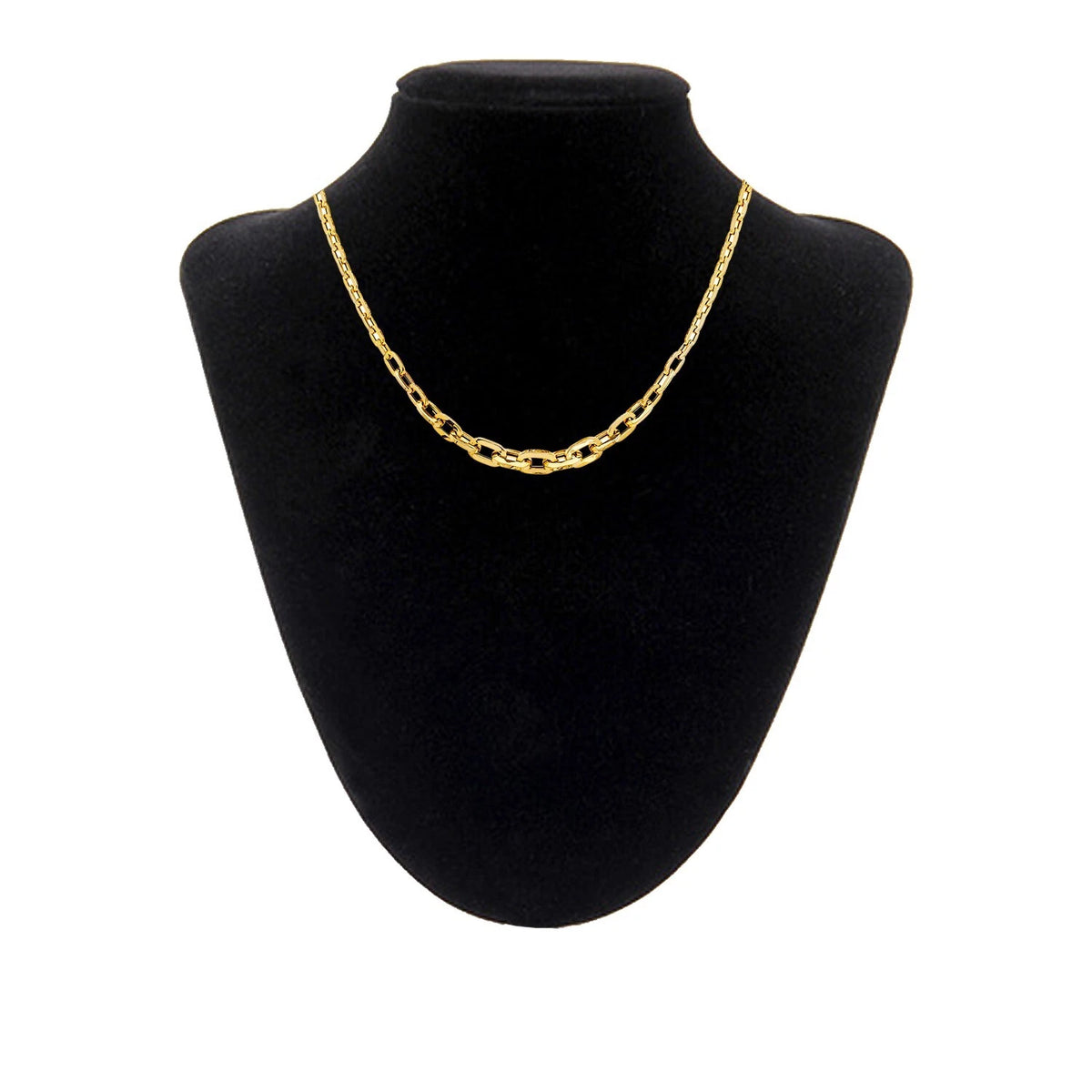 Gold chain necklace on a black mannequin bust against a white background available on the TX.ORO website.