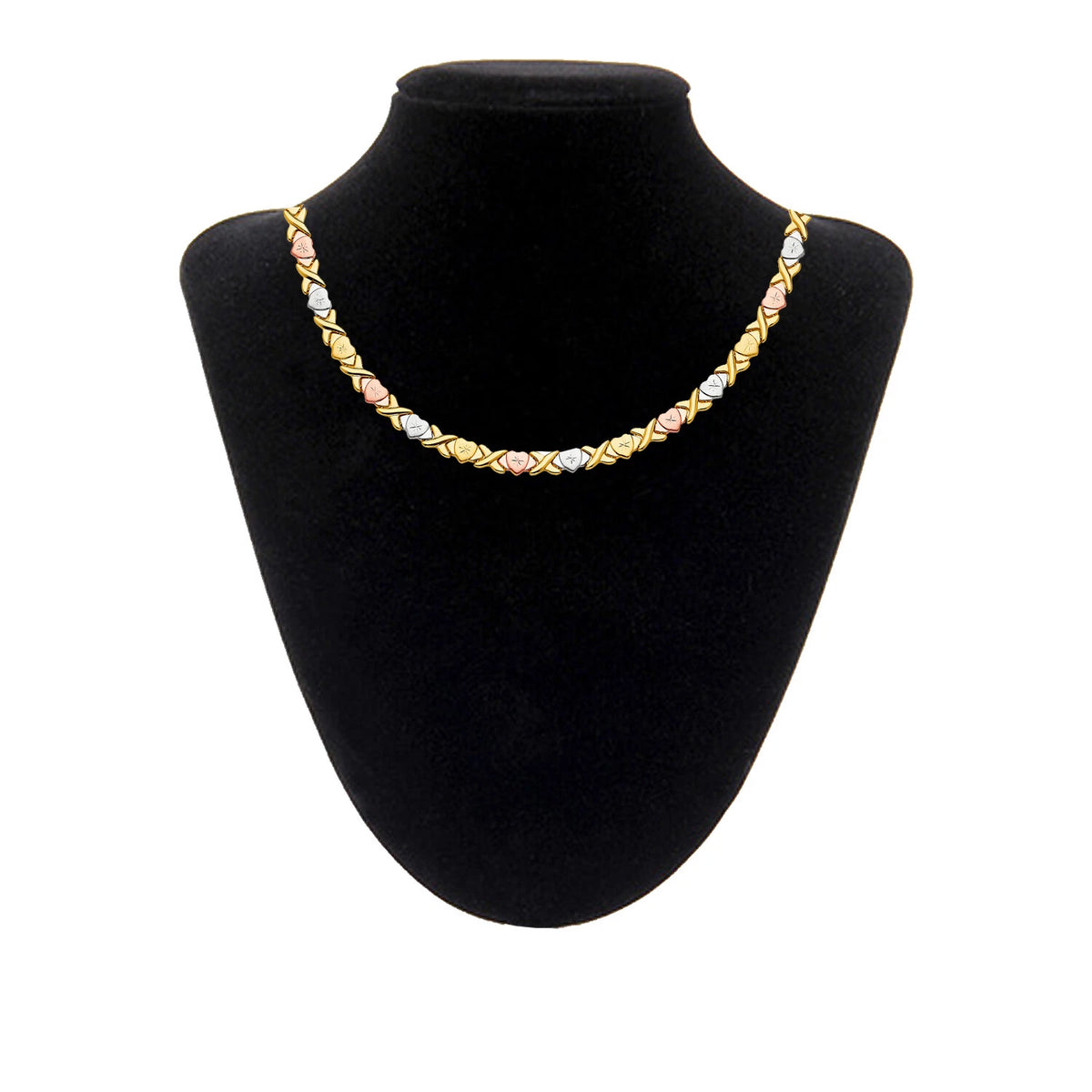 Gold necklace on a black mannequin bust against a white background available on the TX.ORO website.