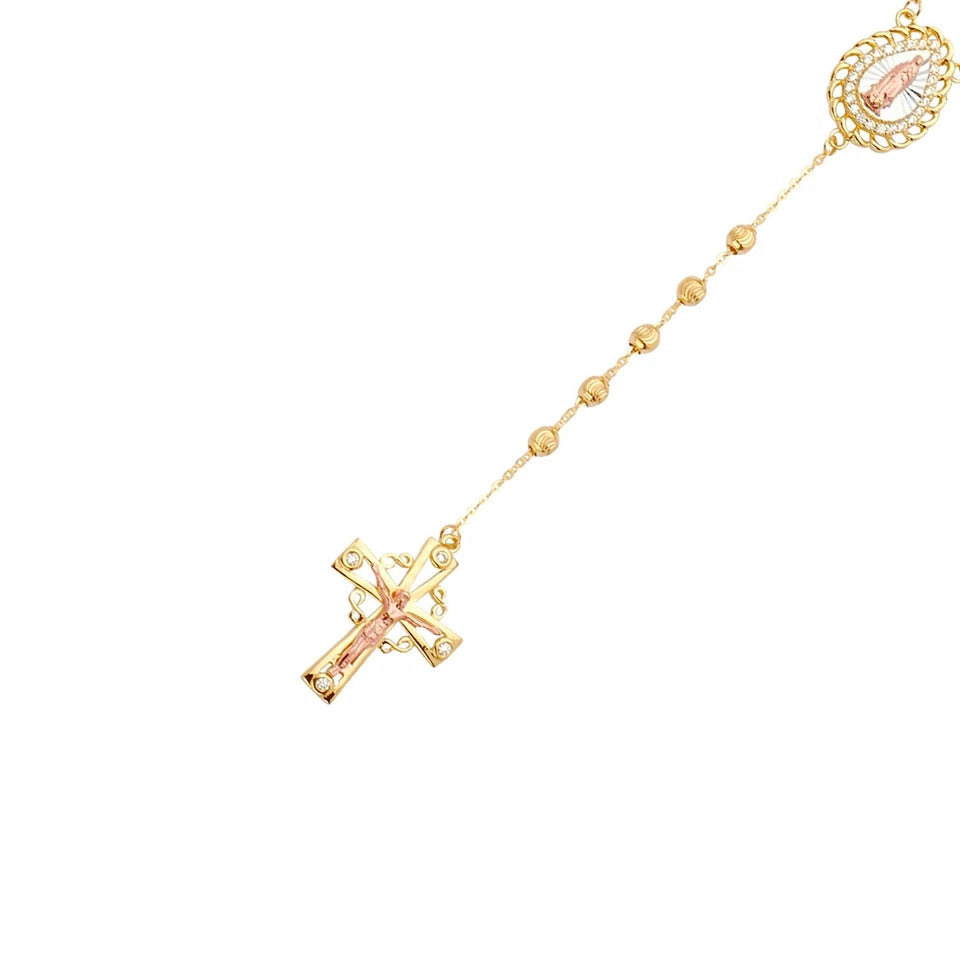 14K Tri-Color Gold 3mm Moon Cut Ball Cubic Zirconia Rosary Necklace with Crucifix
