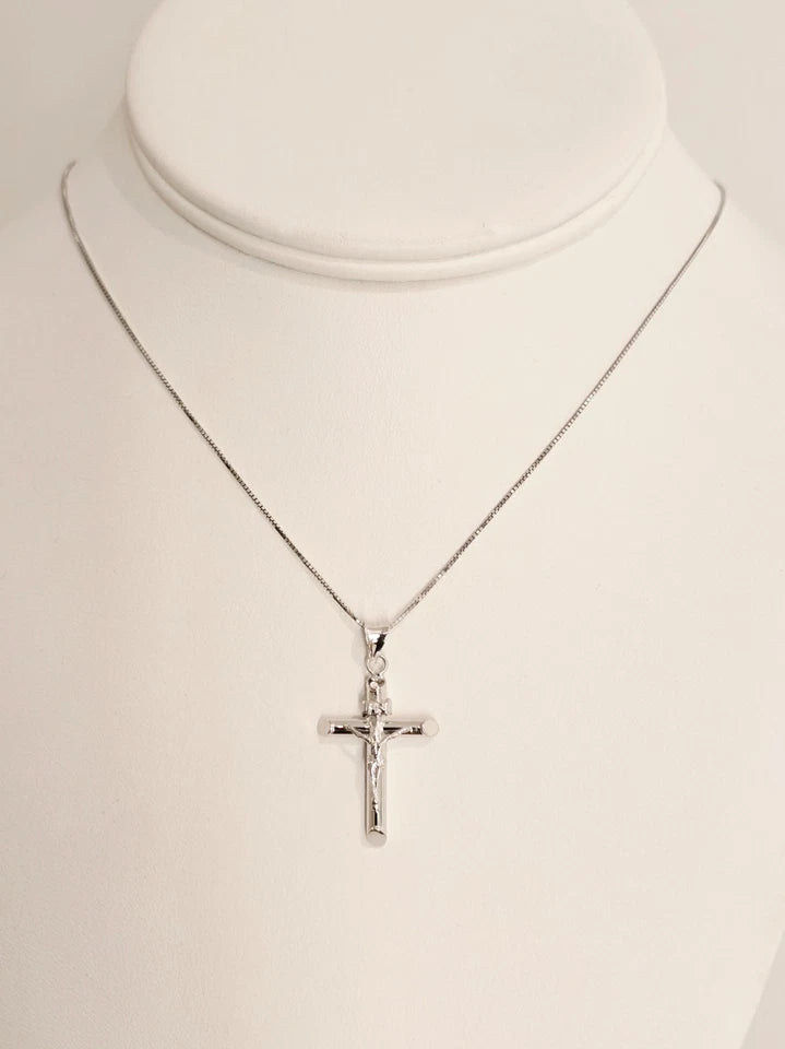 14K White Gold Hollow Crucifix Jesus Cross INRI Religious Pendant - 20×40mm
