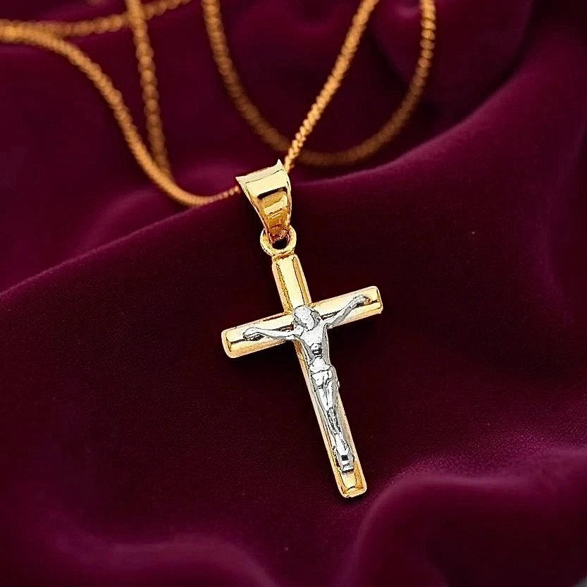 14K Two-Tone Gold Jesus Crucifix Cross Pendant – Round Tube Religious Charm