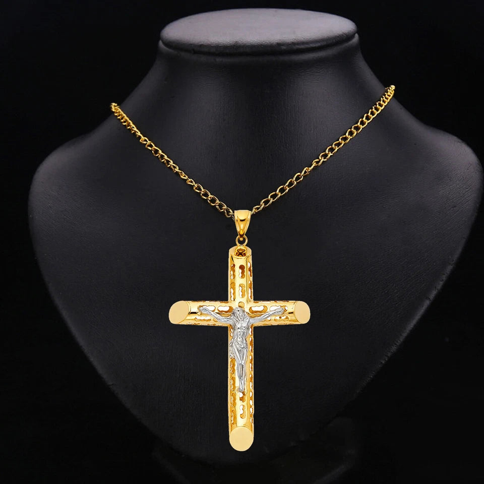 14K Two-Tone Gold Cut-Out Crucufix Charm Religious Pendant - 35x20mm