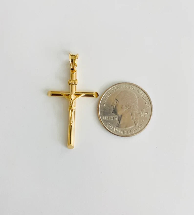 14K Real Yellow Gold 1.5" Jesus Christ Crucifix Cross INRI Pendant
