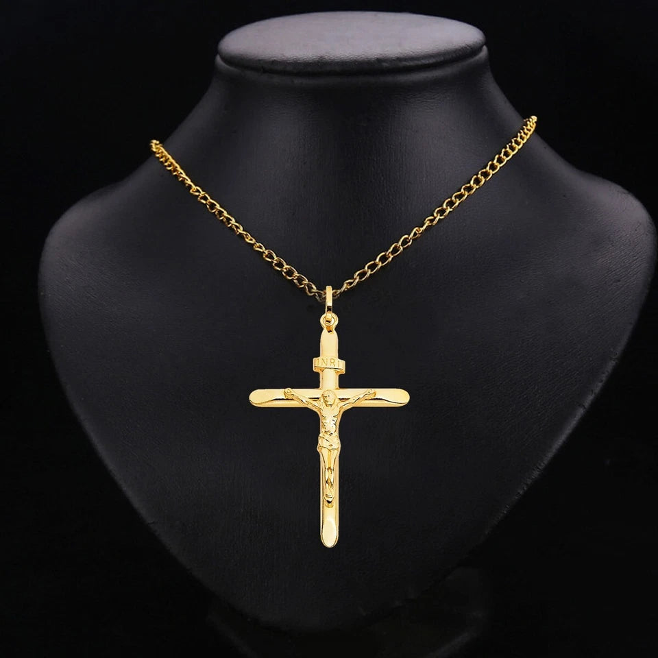 14K Solid Yellow Gold Crucifix Cross INRI Jesus Christ Catholic Pendant - 31x43mm
