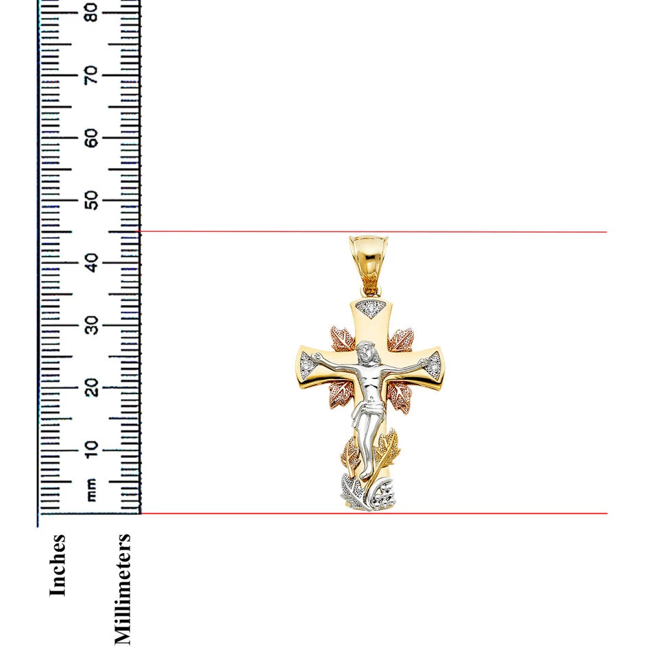 14K Tri-Color Gold Cubic Zirconia Crucifix Cross Christian Religious Pendant