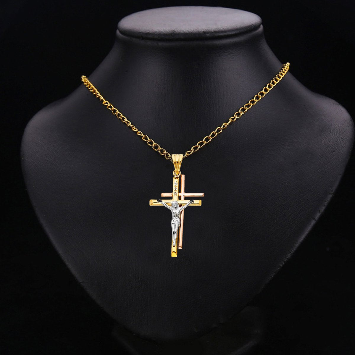 14K Tri-Color Gold Religious Double Crucifix Cross Pendant for Necklace or Chain