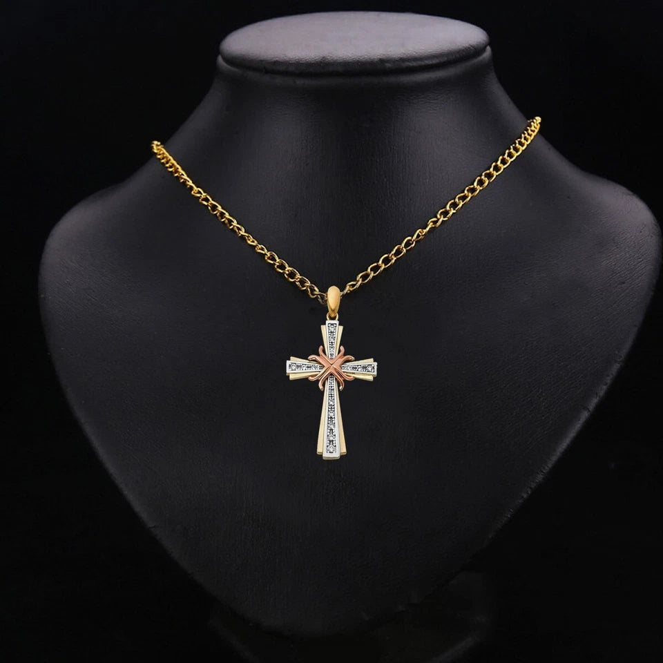 14K Tri-Color Gold Cubic Zirconia Religious Cross for Necklace or Chain