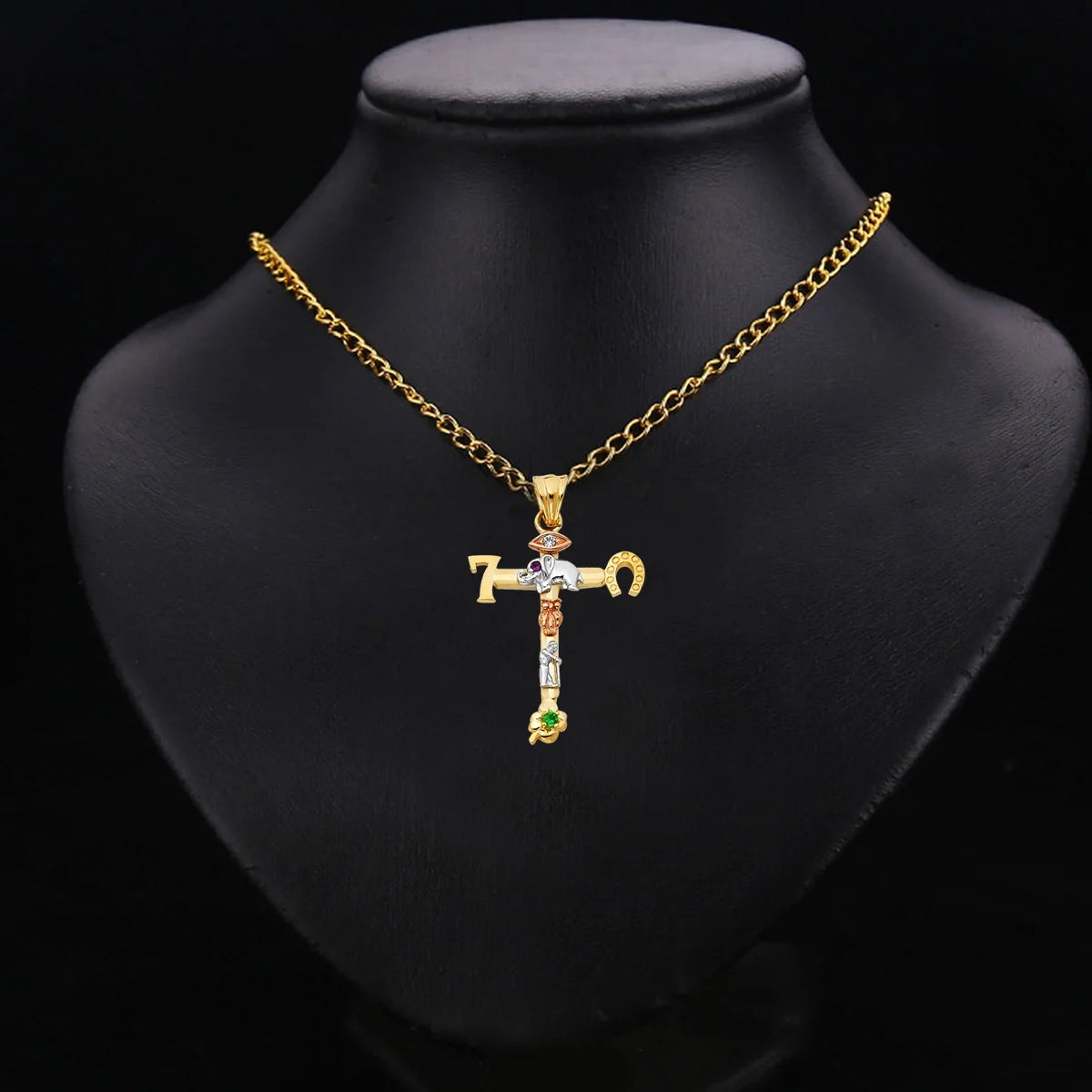 14K Tri-Color Gold Lucky Religious Cross Charm Pendant