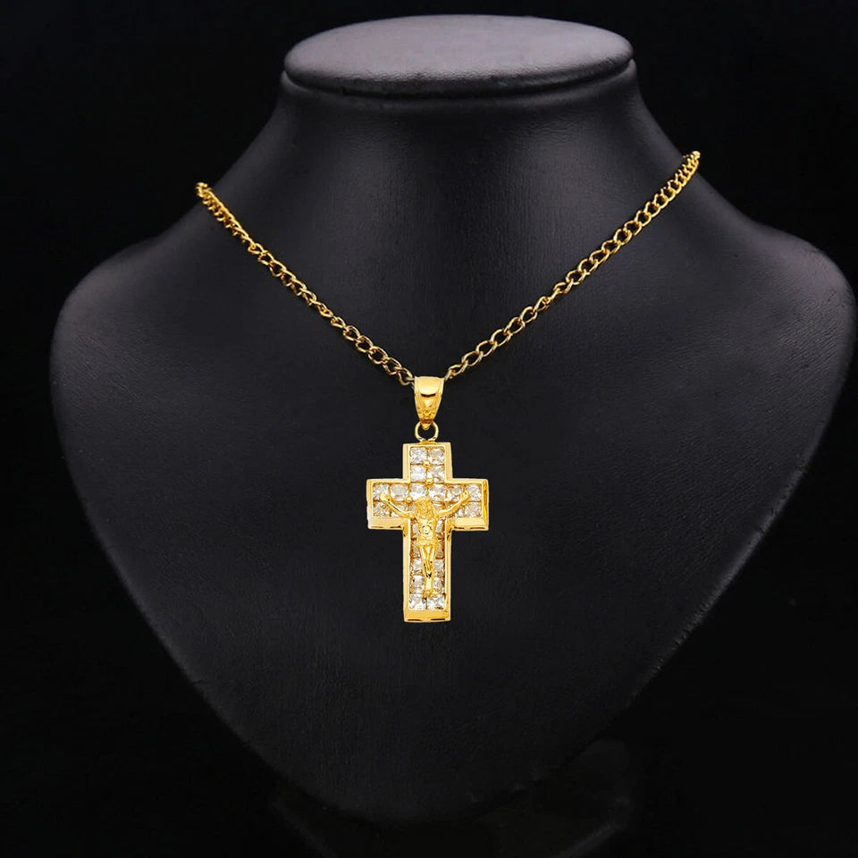 14K Yellow Gold Cubic Zirconia Religious Crucifix Pendant