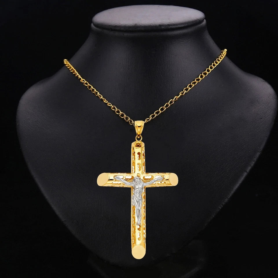 14K Two-Tone Gold Cut-Out Religious Crucifix Cross Pendant for Necklace or Chain