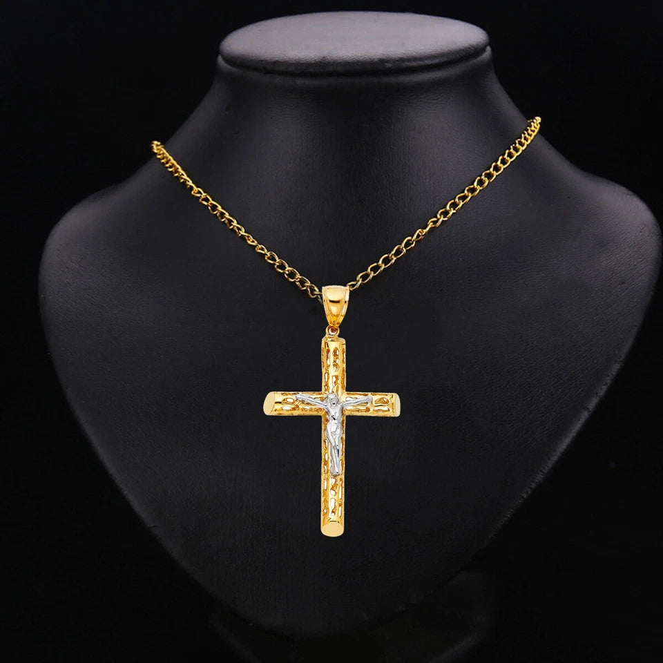 14K Two-Tone Gold Cut-Out Crucifix Cross Religious Pendant - 50x30mm