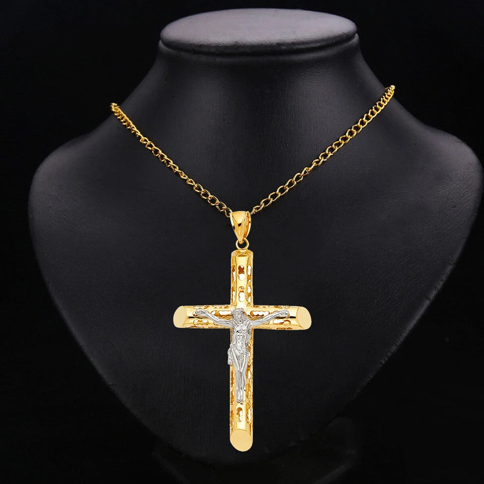 14K Two-Tone Gold Cut-Out Religious Crucifix Cross Pendant - 55x35mm