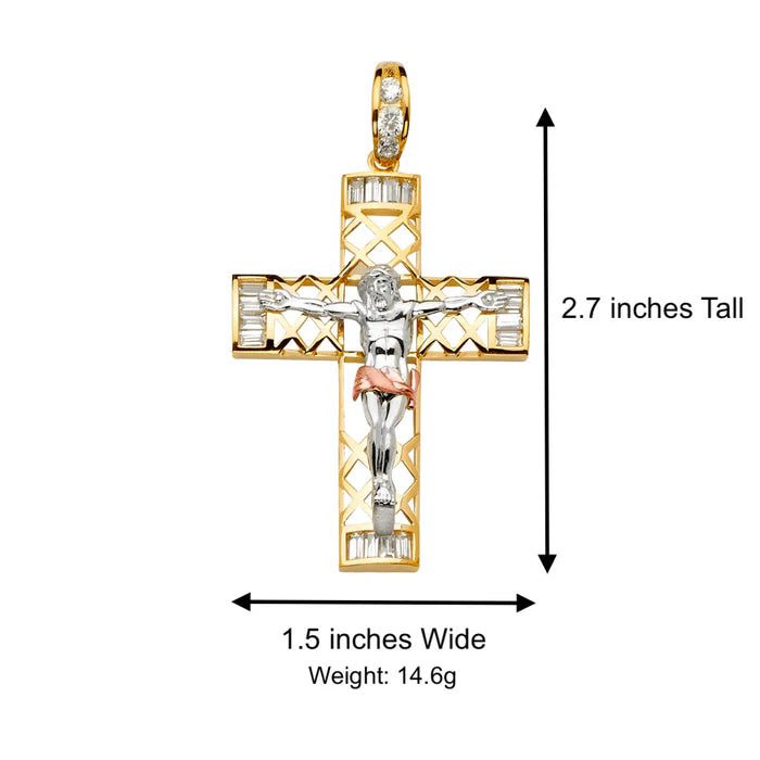 14K Tri-Color Gold Cubic Zirconia Crucifix Cross Religious Pendant - 39x68mm