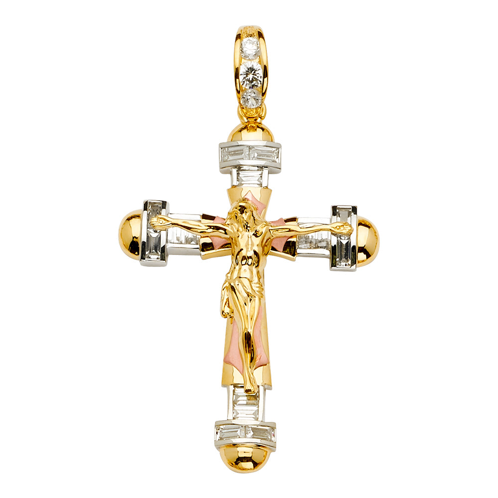 14K Tri-Color Gold Cubic Zirconia Crucifix Cross Religious Pendant with Jesus Figure