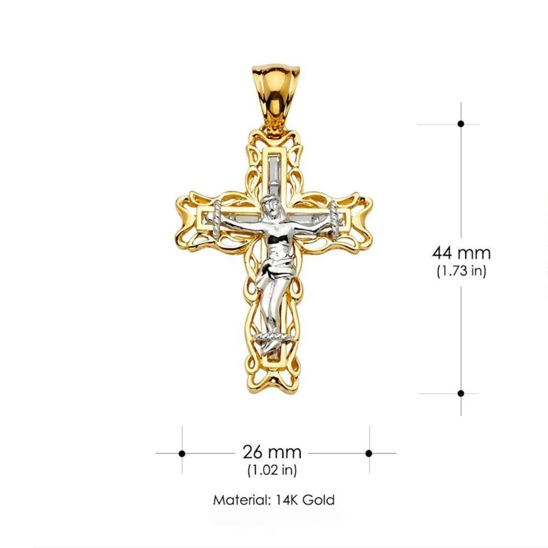 14K Two-Tone Gold CZ Crucifix Cross Religious Pendant for Necklace or Chain