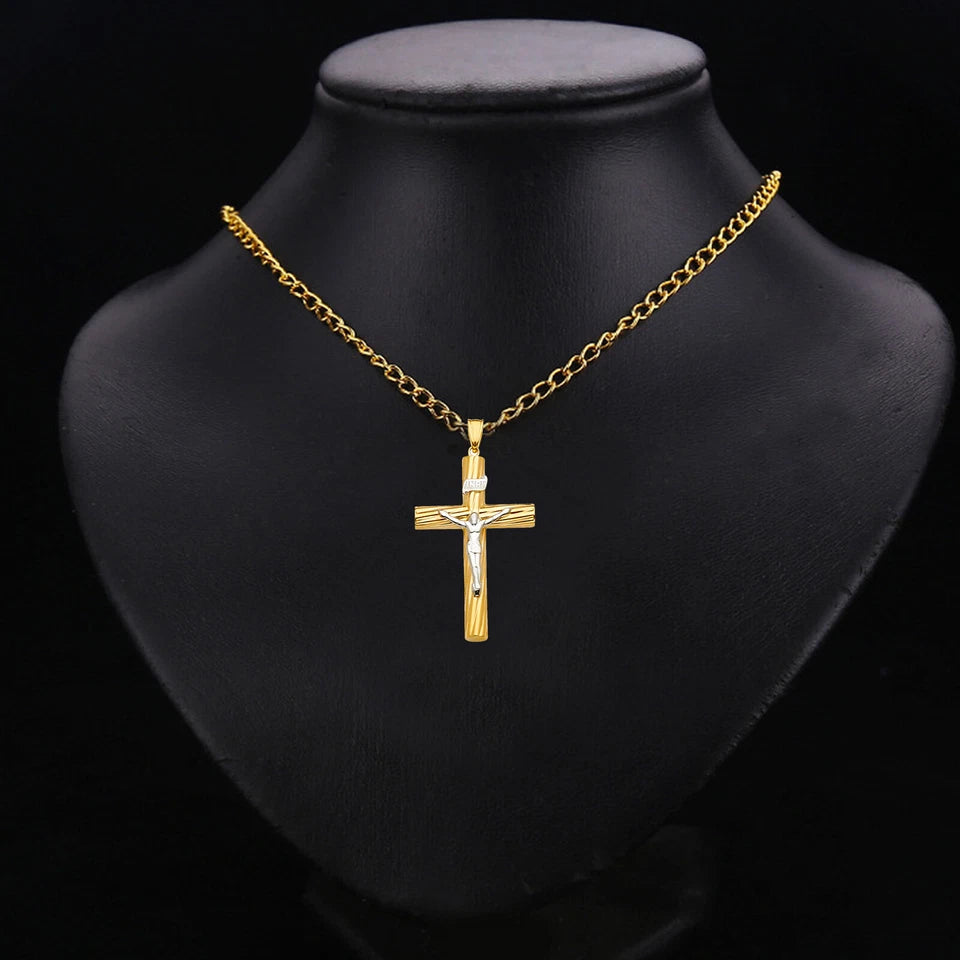 14K Two-Tone Yellow & White Gold Catholic Crucifix Cross Charm Pendant - 26×47mm