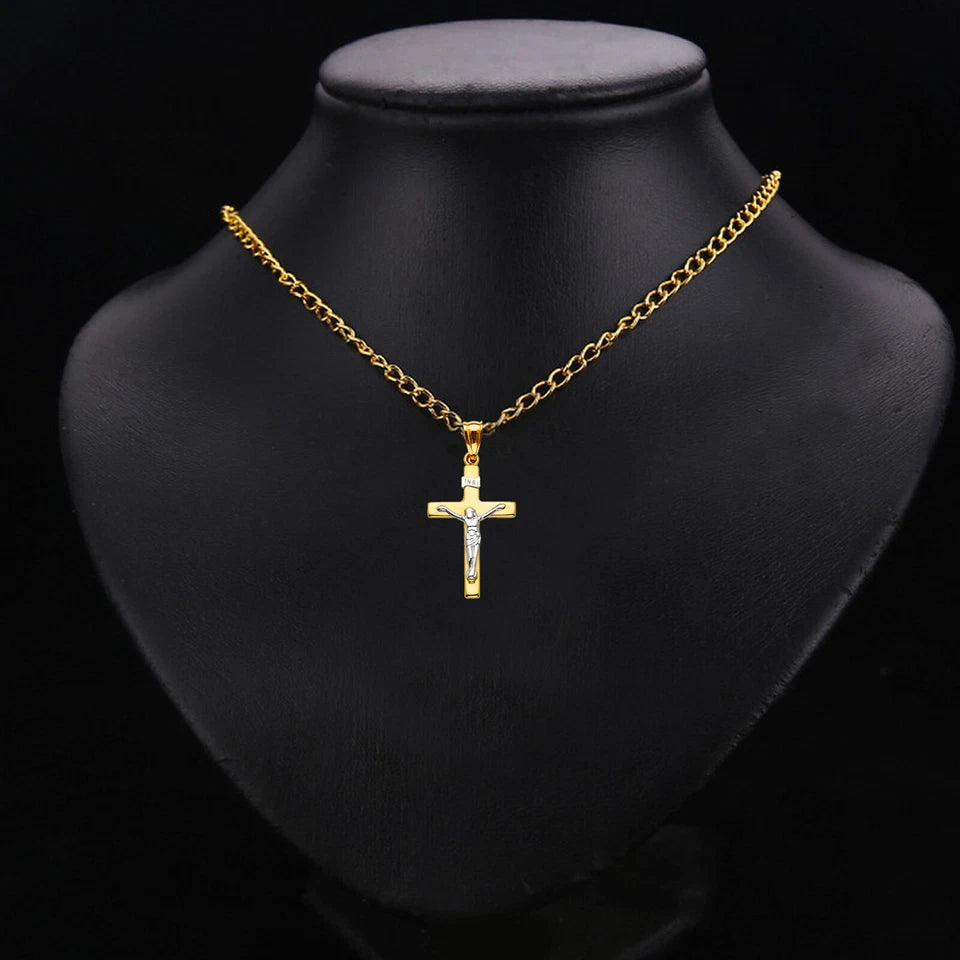 14K Two-Tone Yellow & White Gold Catholic Crucifix INRI Religious Cross Pendant