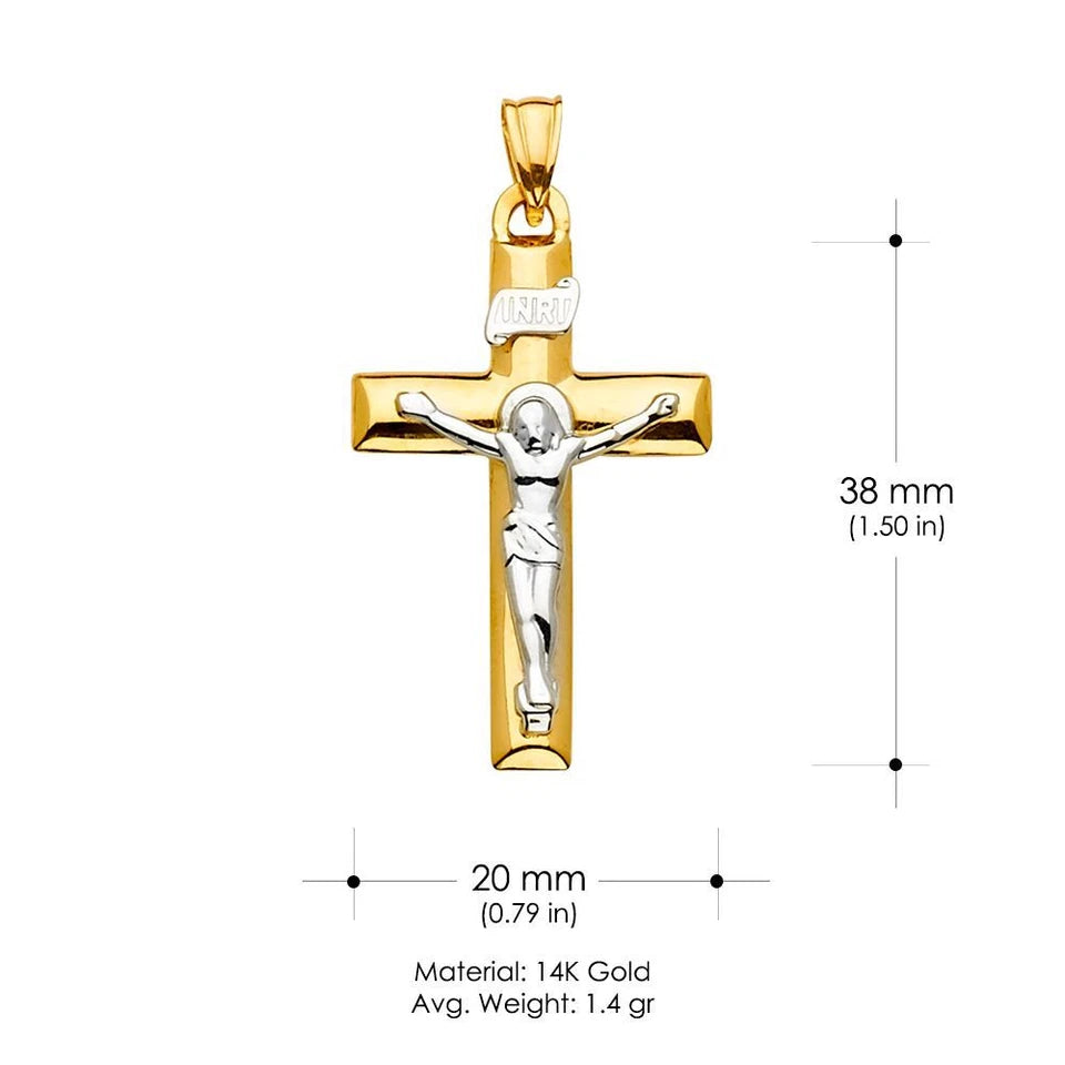 14K Two-Tone Yellow & White Gold Catholic Crucifix Cross Religious Pendant - 20x38mm