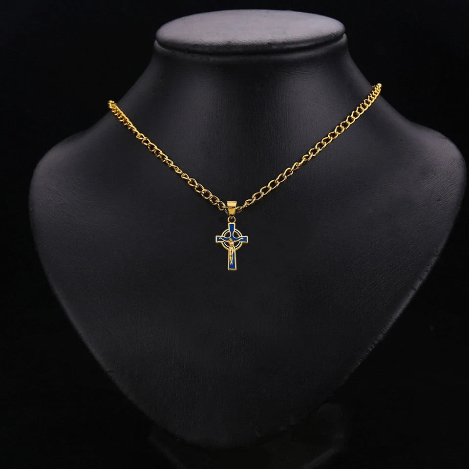 14K Yellow Gold Blue Enamel Cross Pendant for Necklace or Chain - Religious Christian Jewelry