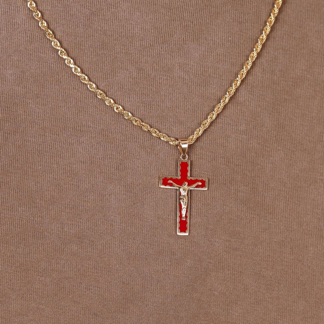 14K Yellow Gold Red Enamel Crucifix Cross Pendant - Religious Christian Jewelry