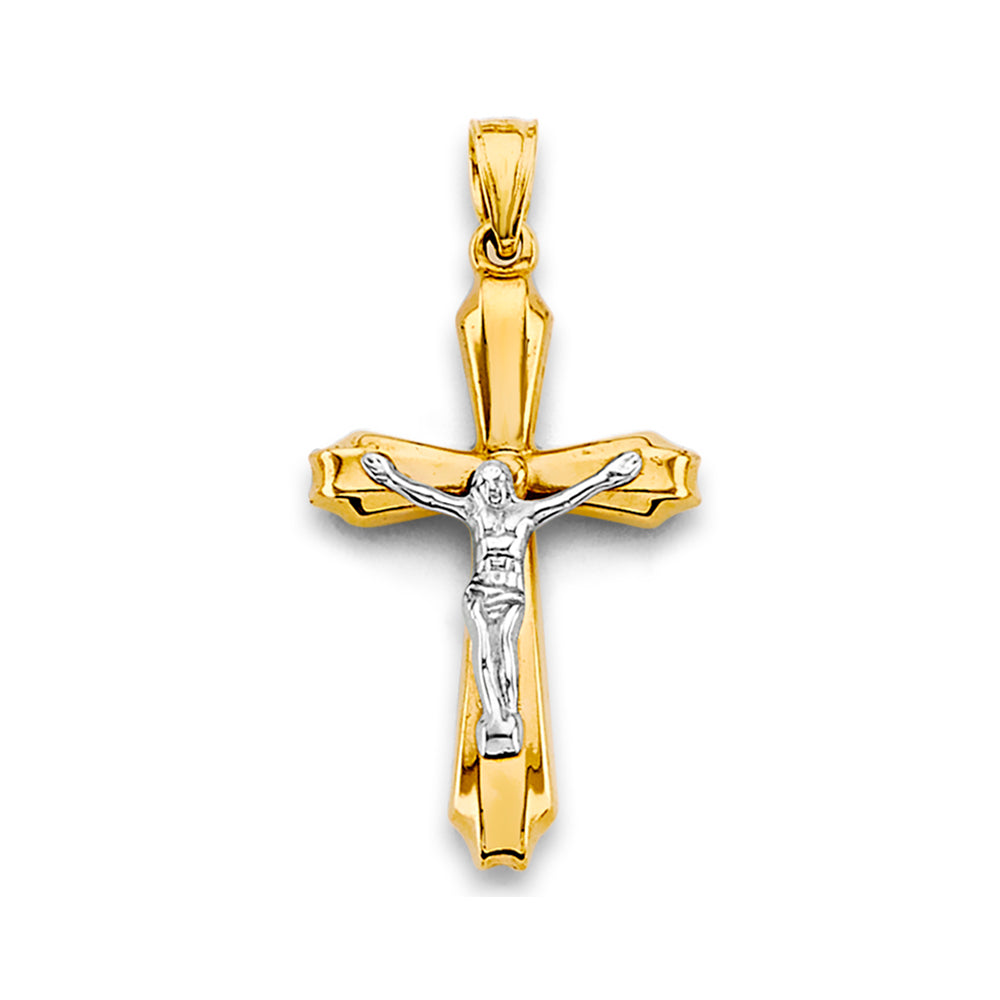 14K Two-Tone Yellow & White Gold Crucifix Cross Religious Charm Pendant - 15x30mm