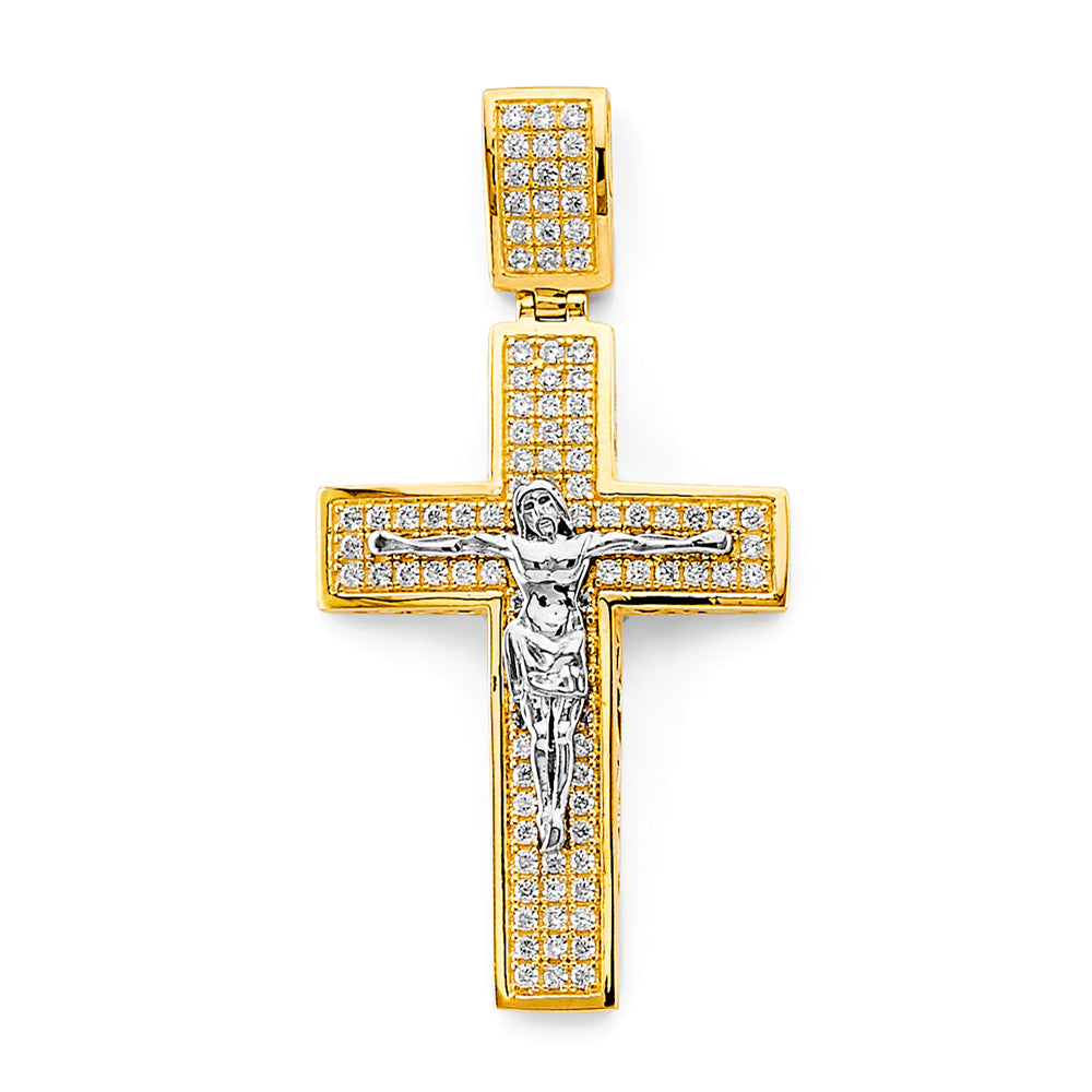 Large 14K Yellow & White Gold Cubic Zirconia Crucifix Cross Pendant for Men & Women