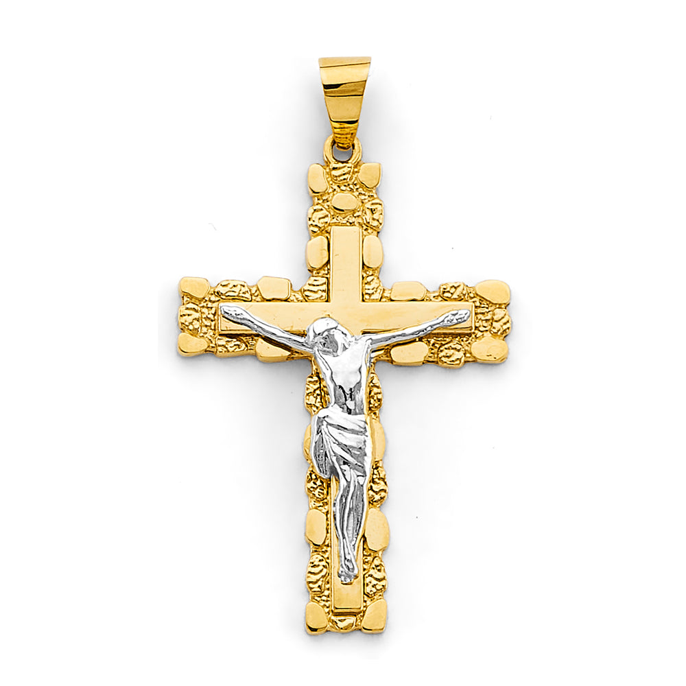 14K Two-Tone Gold Nugget Jesus Crucifix Cross Religious Pendant