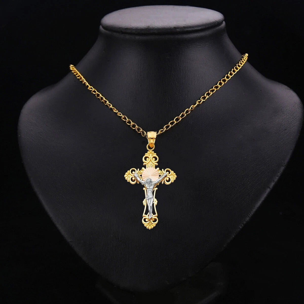 14K Two Tone Gold Jesus Crucifix Cross Religious Pendant For Chain