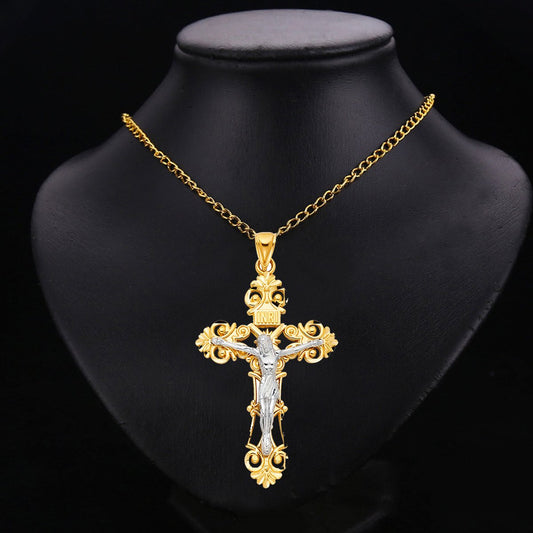 14K Real Two Tone Gold Religious Jesus Crucifix Cross Charm Pendant