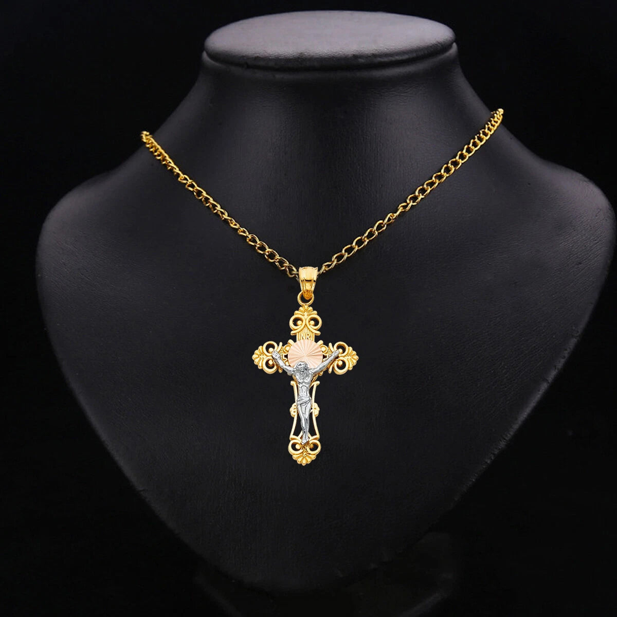 14K Two-Tone Gold Jesus Crucifix Cross Religious Pendant For Necklace or Chain