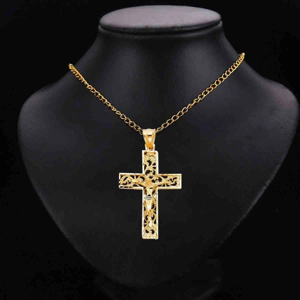 14K Yellow Gold Fancy Religious Crucifix Pendant for Necklace or Chain