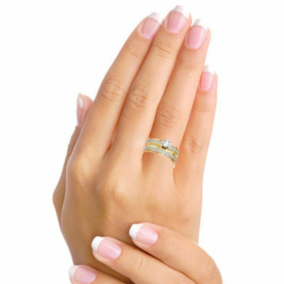 14K Tri-Color Gold CZ Women’s Wedding Band - 4mm Diamond-Cut Ring