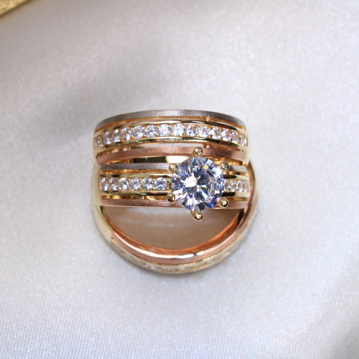 14K Tri-Color Yellow, White & Rose Gold Women's Cubic Zirconia Wedding Band Ring