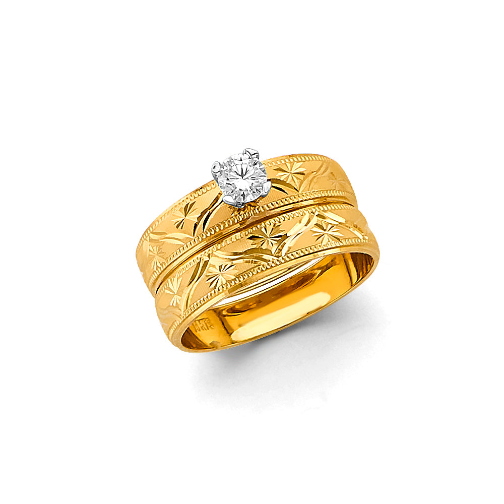 14K Yellow Gold Ladies CZ Engagement Ring - Vintage Star Pattern Band