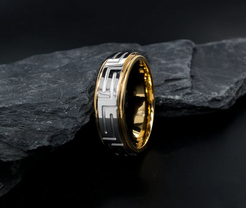 14K Two-Tone Gold 5mm Greek Design Men's Wedding Band Ring - Size 10