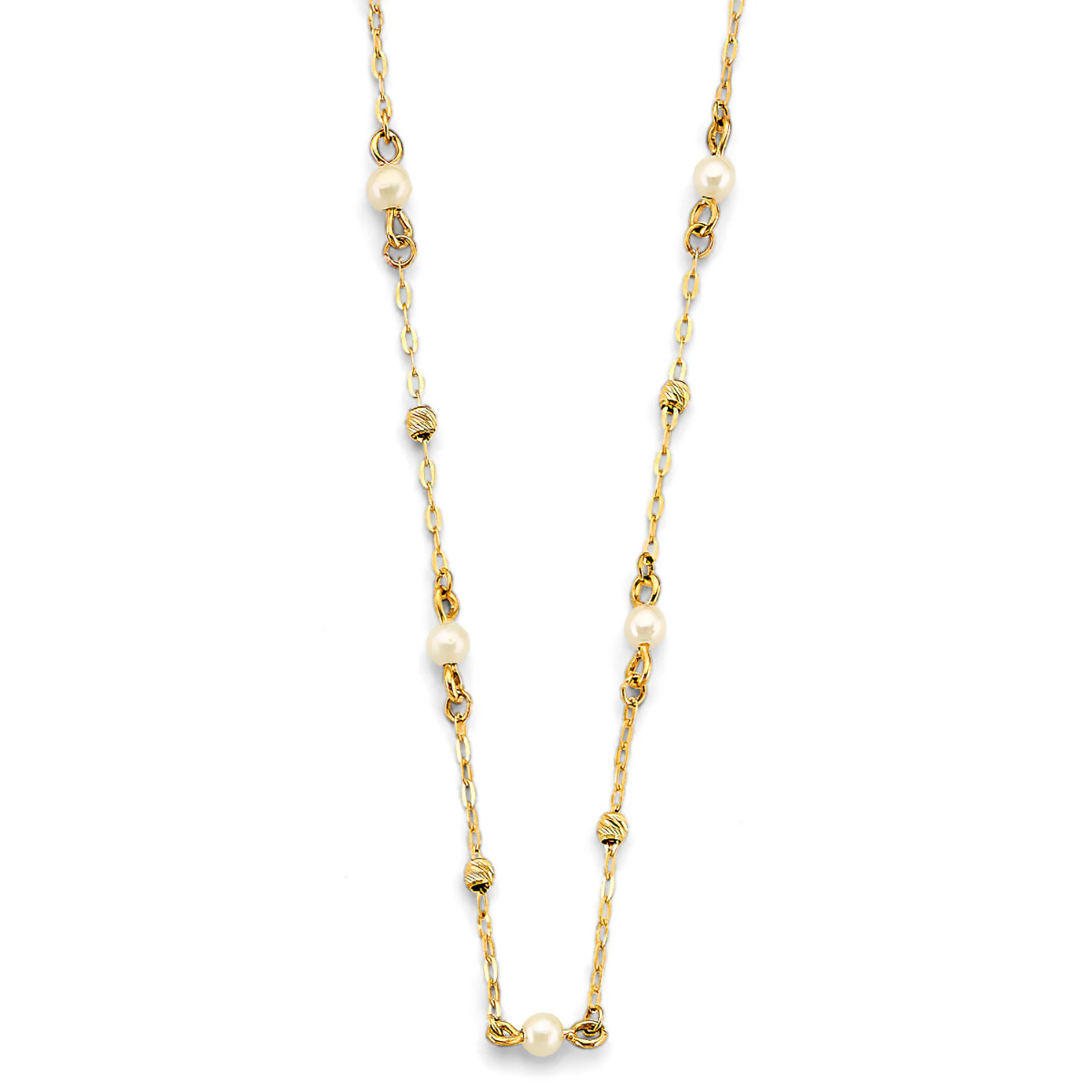 14K Yellow Gold Pearl & Diamond-Cut Bead Station Necklace