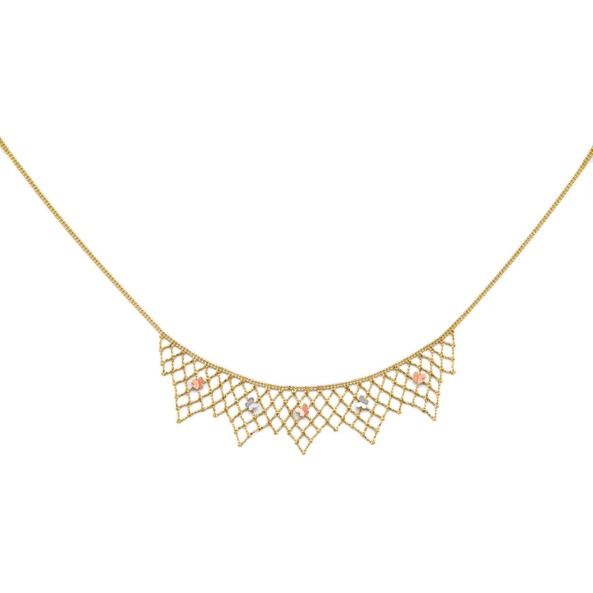 14K Tri-Color Gold Butterfly Beaded Necklace for Women